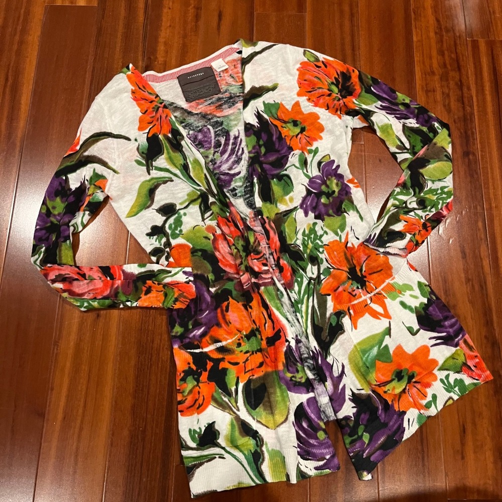 Anthropologie Guinevere Cardigan Sweater Floral Knit Open Front Multi Size Small